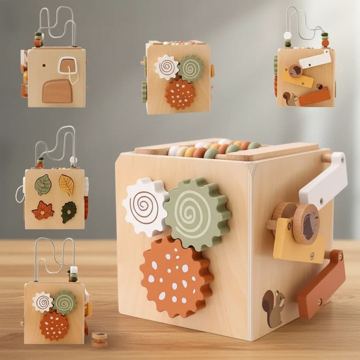 Wooden educational toy with various shapes and mechanisms on a wooden surface.