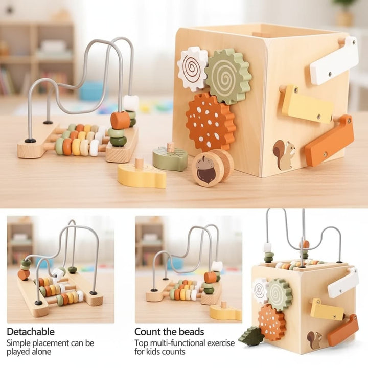 Wooden educational toys with beads and shapes on a table.
