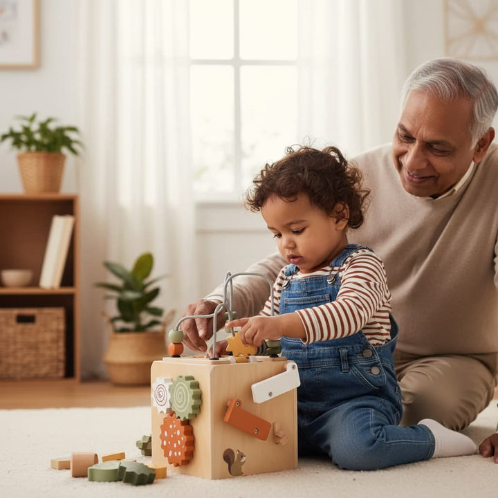 Grandfather and young child playing with a wooden toy box indoors.