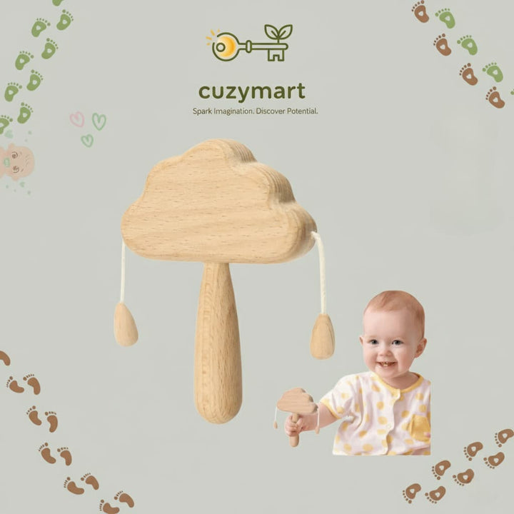Baby holding a cloud-shaped toy with 'cuzymart' branding on a light gray background.