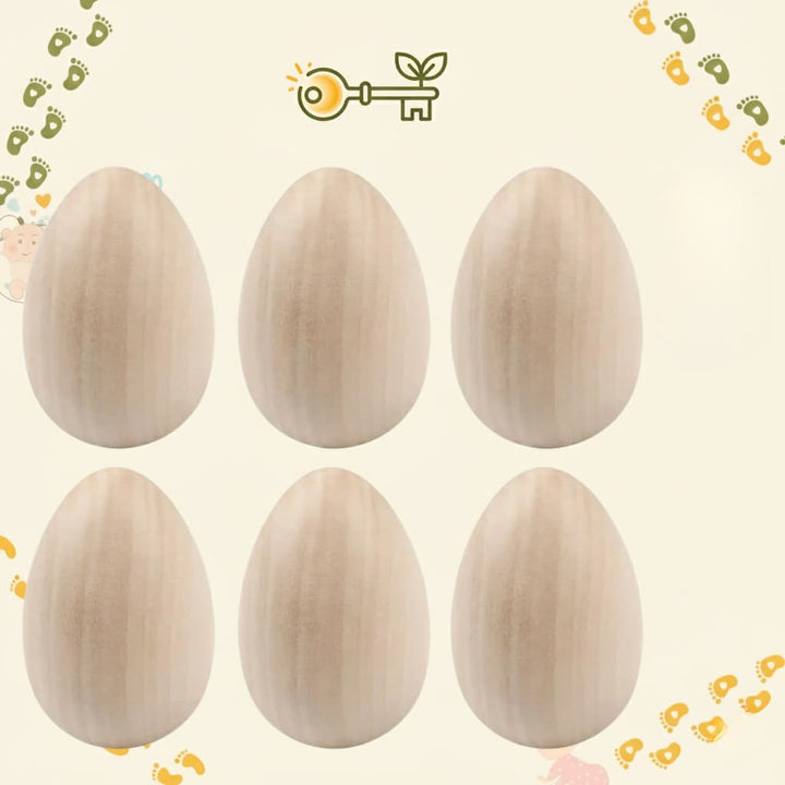 Six wooden eggs on a beige background with decorative elements.