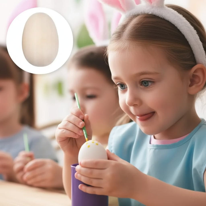 Children participating in an Easter egg decorating activity with a close-up of an egg.