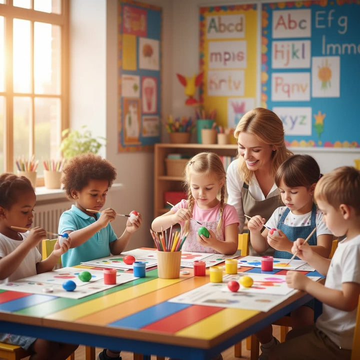 Teacher and students in a classroom engaged in art activities with colorful materials.