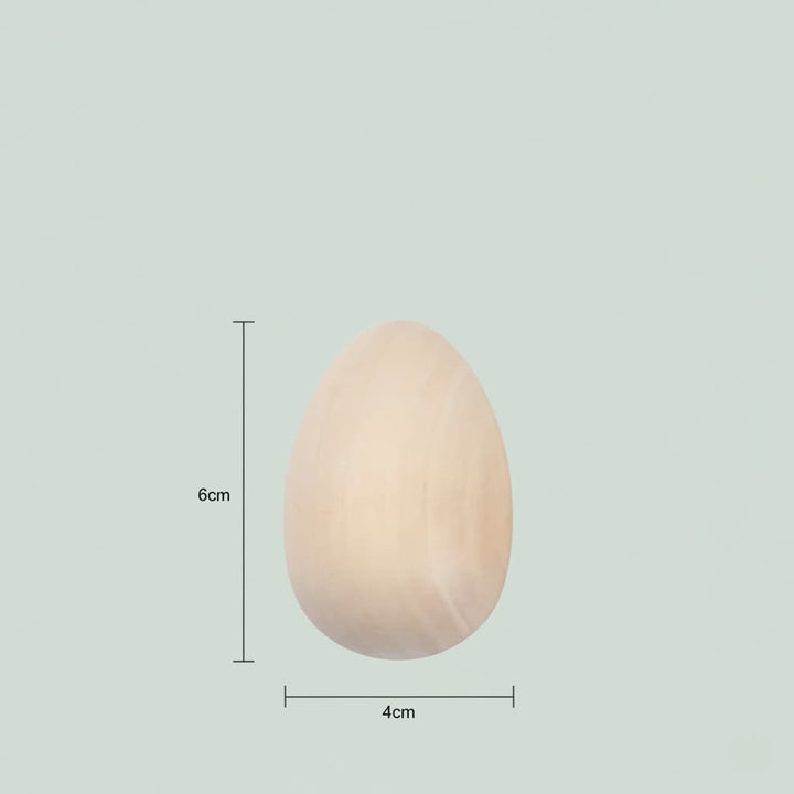 Wooden egg with measurements on a light gray background