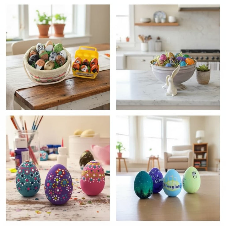 Collage of Easter-themed items including decorated eggs and a basket of colorful objects.