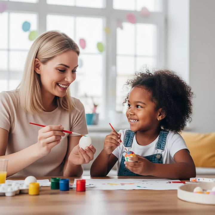 Woman and child painting eggs together at a table