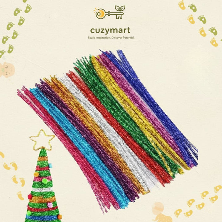 Colorful pipe cleaners with a Christmas tree model and 'cuzymart' branding on a beige background.
