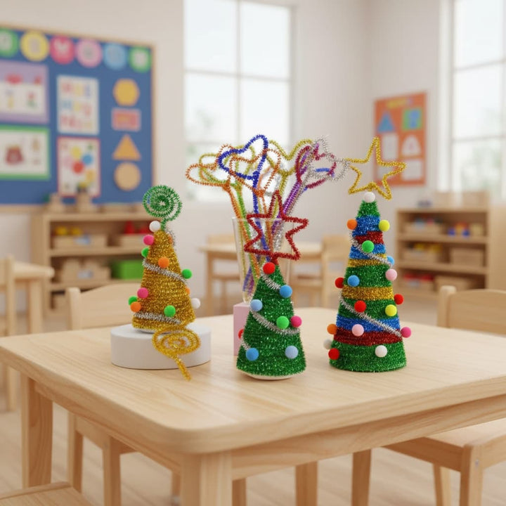 Colorful Christmas tree decorations on a table in a classroom setting