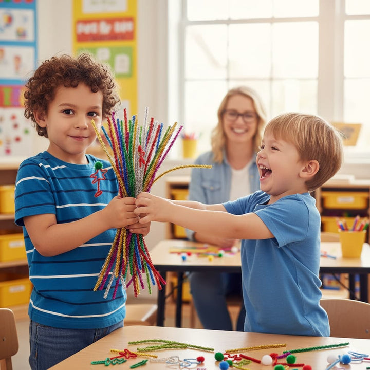Two children holding colorful straws in a classroom setting with a teacher in the background.
