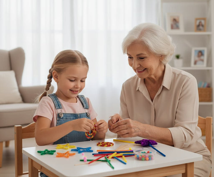 Grandmother and granddaughter engaging in a craft activity together.