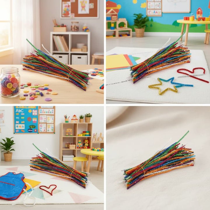 Collage of colorful pipe cleaners in various settings, including a classroom.