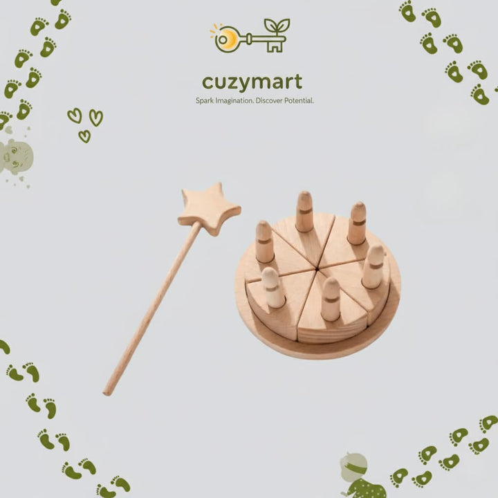 Wooden toy set with a star-shaped wand and geometric shapes on a light gray background with 'cuzymart' branding.