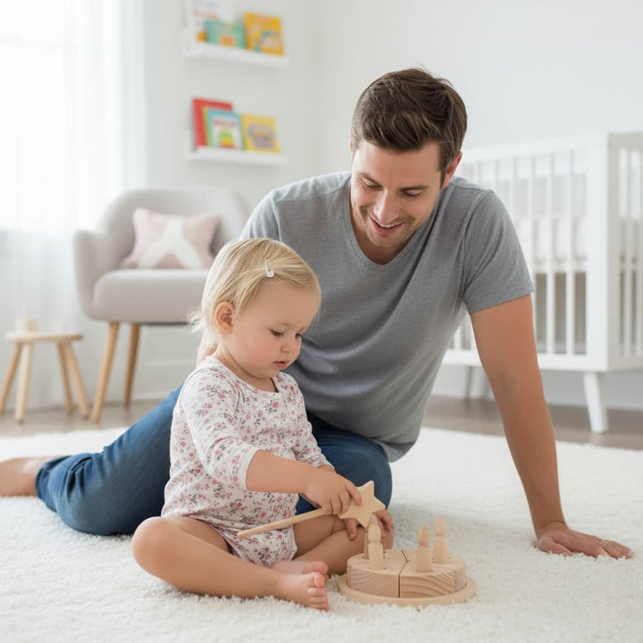 Man and child playing with wooden toys on a white carpet