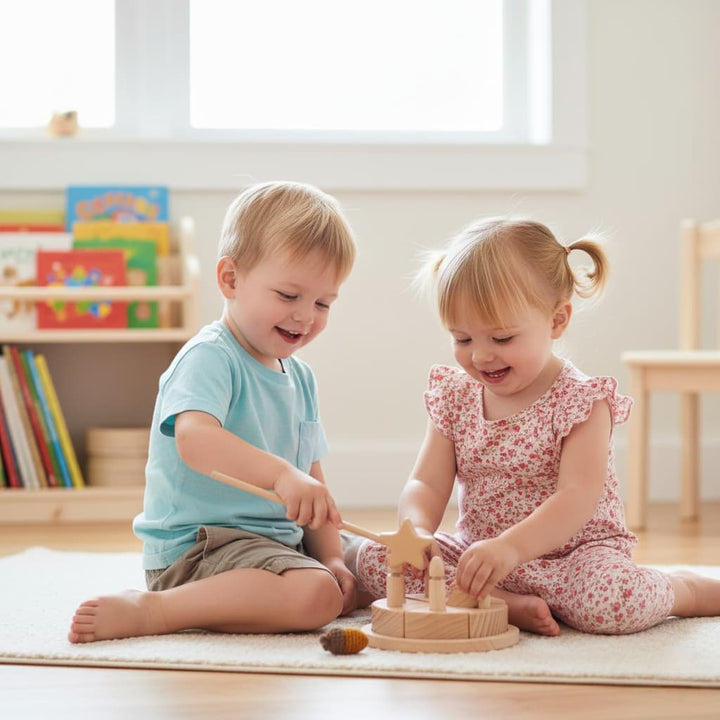 Two children playing with a wooden toy on a rug in a room with books and a window in the background.