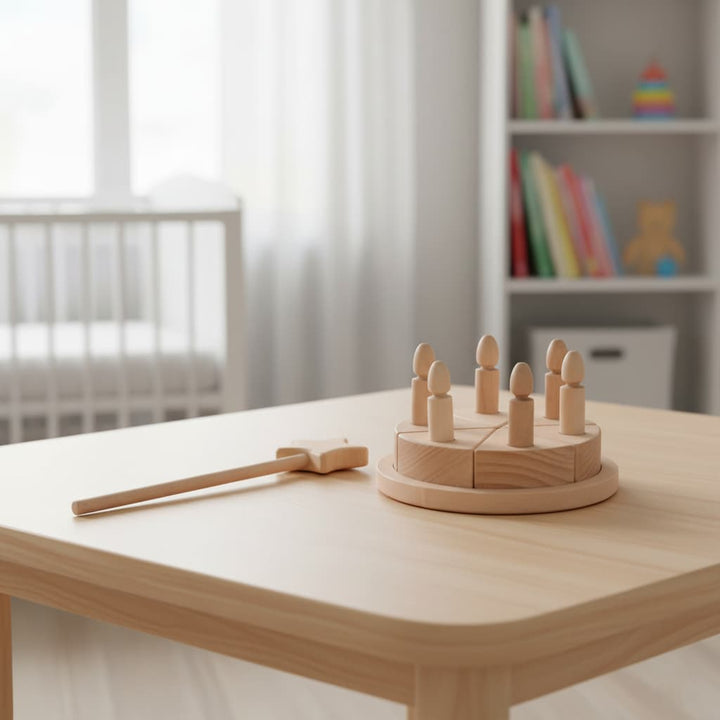Wooden peg puzzle on a table with books and toys in the background