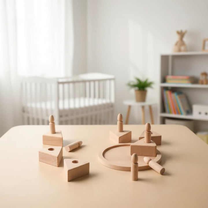 Wooden toy set on a table with a blurred room background