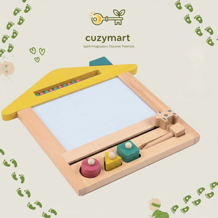 Children's drawing board with colorful pens and 'cuzymart' branding on a light background.