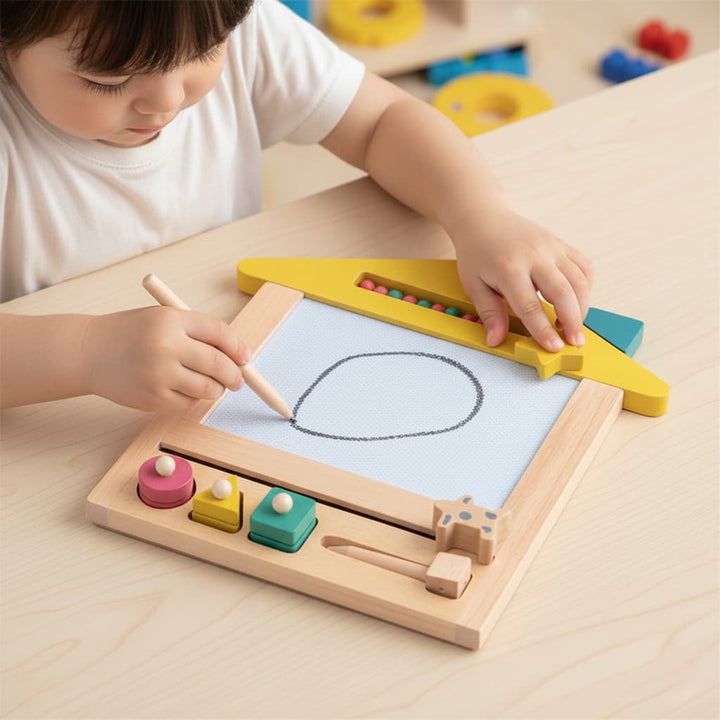 Child drawing on a wooden toy with colorful buttons and a pen