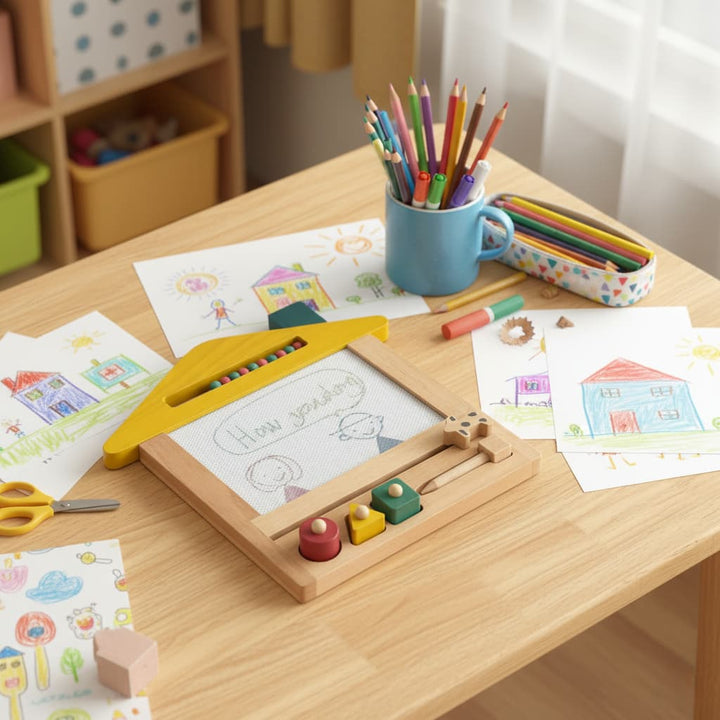 Children's art supplies on a table with coloring books and crayons.