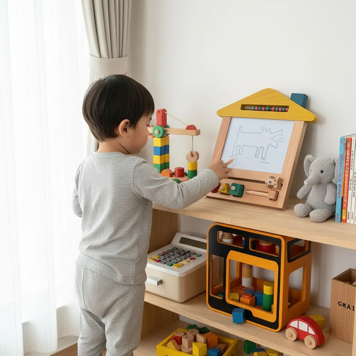 Child playing with a wooden toy set on a desk in a bright room.