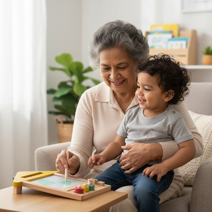 Grandmother and grandson playing with a toy on a table in a living room.