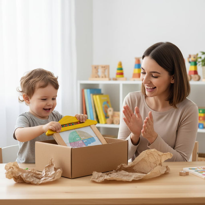 Woman and child playing with a cardboard box toy in a bright room with books and toys in the background.