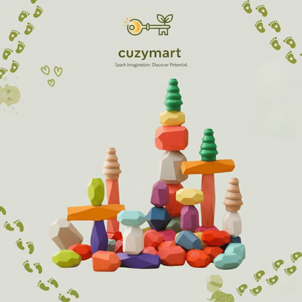 Wooden Rainbow Stones Building Blocks Colorful Wood Toy