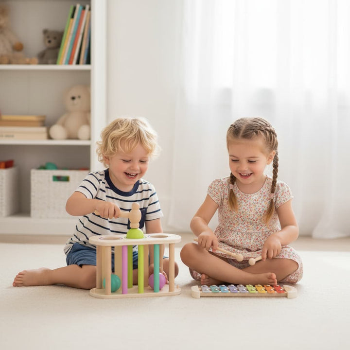 Montessori Wooden Pounding Bench & Xylophone | 2-in-1 Musical Hammer ...