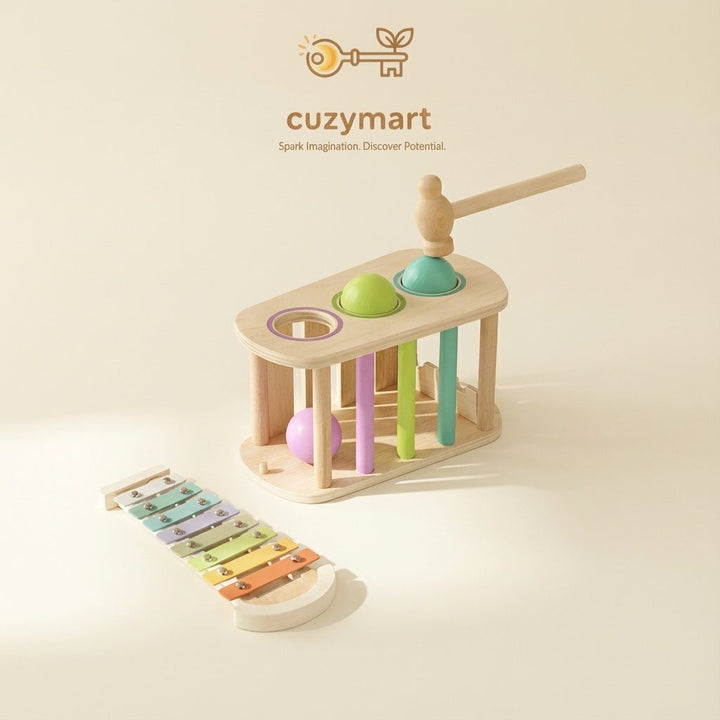 Montessori Wooden Pounding Bench & Xylophone | 2-in-1 Musical Hammer ...